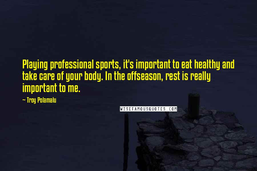 Troy Polamalu Quotes: Playing professional sports, it's important to eat healthy and take care of your body. In the offseason, rest is really important to me.