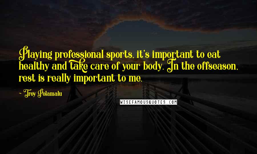 Troy Polamalu Quotes: Playing professional sports, it's important to eat healthy and take care of your body. In the offseason, rest is really important to me.