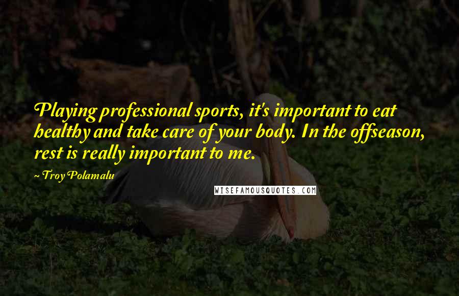 Troy Polamalu Quotes: Playing professional sports, it's important to eat healthy and take care of your body. In the offseason, rest is really important to me.