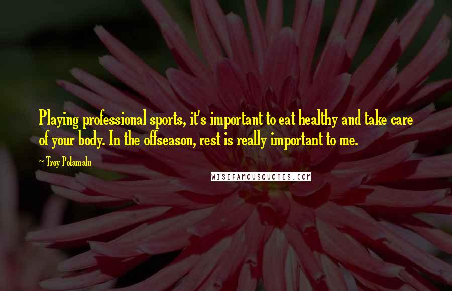 Troy Polamalu Quotes: Playing professional sports, it's important to eat healthy and take care of your body. In the offseason, rest is really important to me.