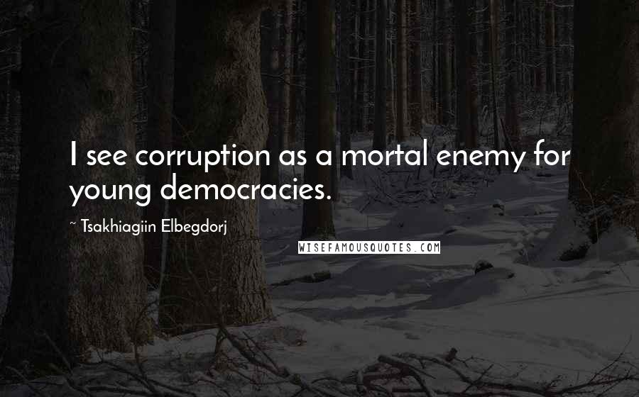 Tsakhiagiin Elbegdorj Quotes: I see corruption as a mortal enemy for young democracies.