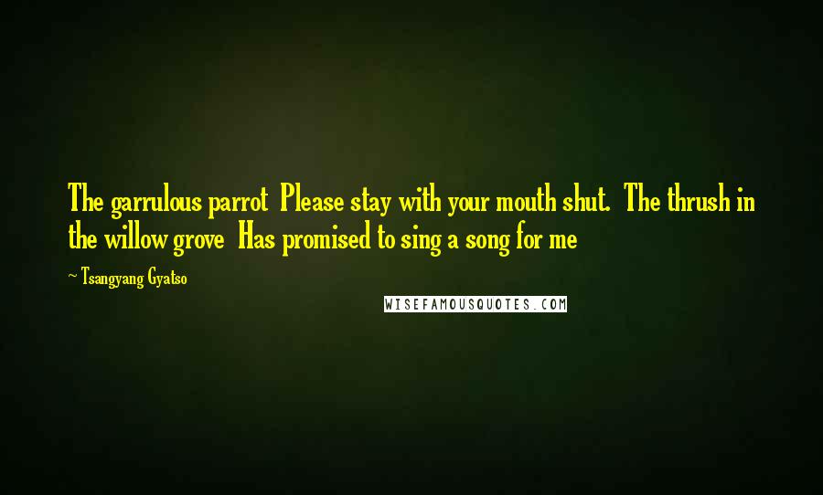 Tsangyang Gyatso Quotes: The garrulous parrot  Please stay with your mouth shut.  The thrush in the willow grove  Has promised to sing a song for me