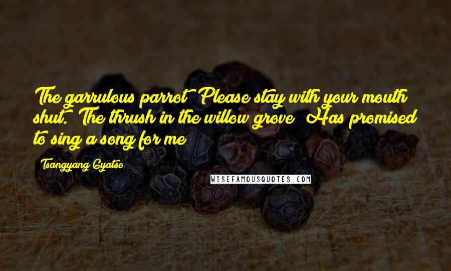 Tsangyang Gyatso Quotes: The garrulous parrot  Please stay with your mouth shut.  The thrush in the willow grove  Has promised to sing a song for me