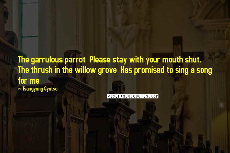 Tsangyang Gyatso Quotes: The garrulous parrot  Please stay with your mouth shut.  The thrush in the willow grove  Has promised to sing a song for me