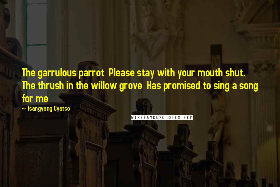 Tsangyang Gyatso Quotes: The garrulous parrot Please stay with your mouth shut. The thrush in the willow grove Has promised to sing a song for me