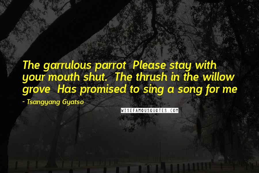 Tsangyang Gyatso Quotes: The garrulous parrot  Please stay with your mouth shut.  The thrush in the willow grove  Has promised to sing a song for me