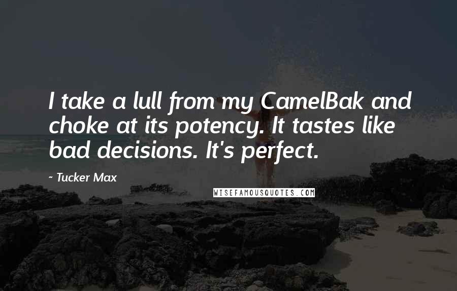 Tucker Max Quotes: I take a lull from my CamelBak and choke at its potency. It tastes like bad decisions. It's perfect.