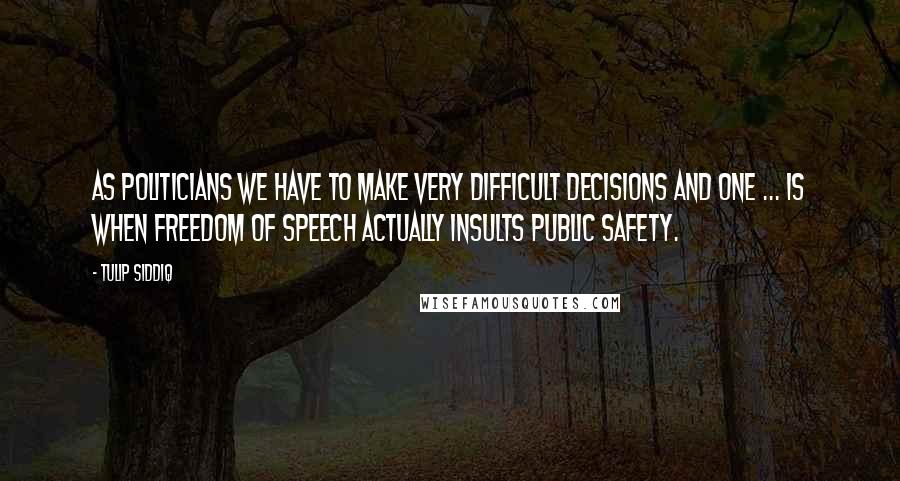 Tulip Siddiq Quotes: As politicians we have to make very difficult decisions and one ... is when freedom of speech actually insults public safety.