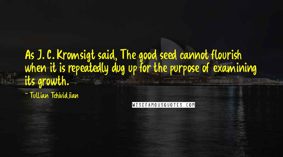 Tullian Tchividjian Quotes: As J. C. Kromsigt said, The good seed cannot flourish when it is repeatedly dug up for the purpose of examining its growth.