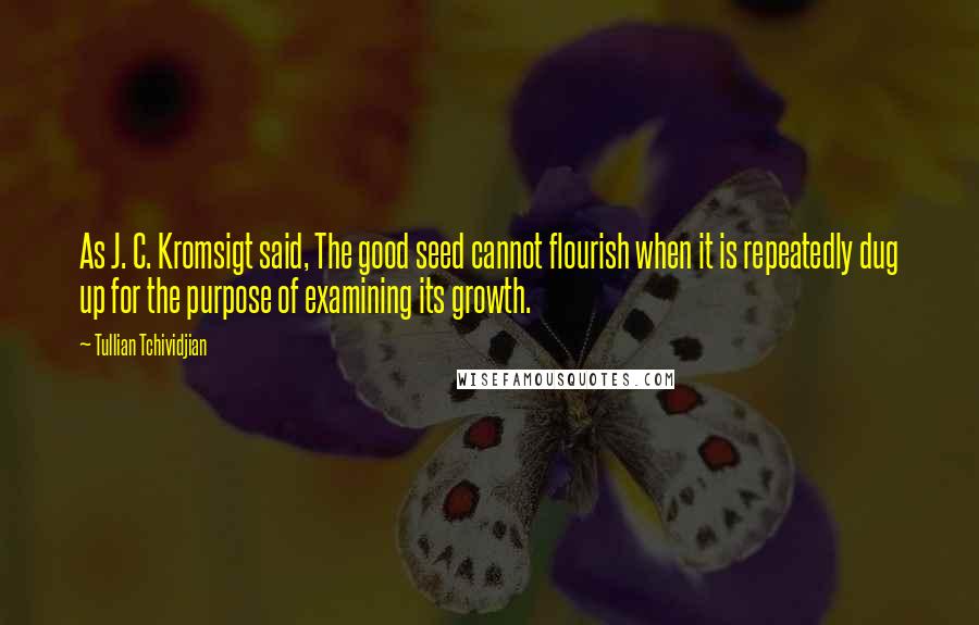Tullian Tchividjian Quotes: As J. C. Kromsigt said, The good seed cannot flourish when it is repeatedly dug up for the purpose of examining its growth.