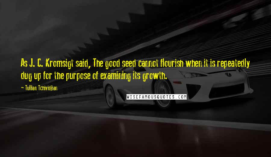 Tullian Tchividjian Quotes: As J. C. Kromsigt said, The good seed cannot flourish when it is repeatedly dug up for the purpose of examining its growth.