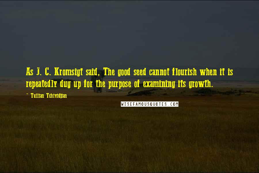 Tullian Tchividjian Quotes: As J. C. Kromsigt said, The good seed cannot flourish when it is repeatedly dug up for the purpose of examining its growth.