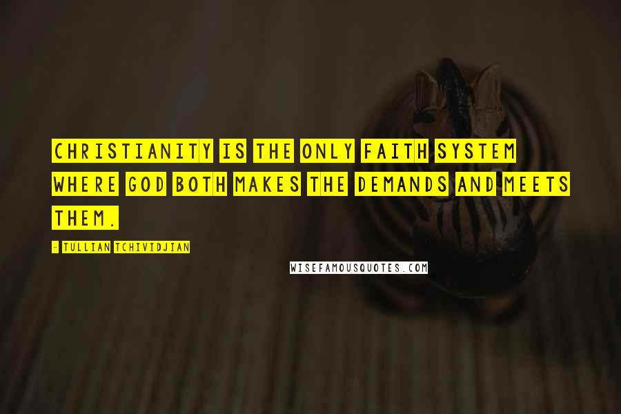 Tullian Tchividjian Quotes: Christianity is the only faith system where God both makes the demands and meets them.
