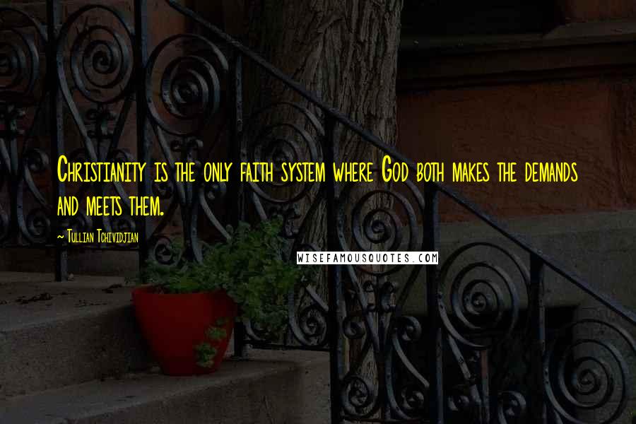 Tullian Tchividjian Quotes: Christianity is the only faith system where God both makes the demands and meets them.