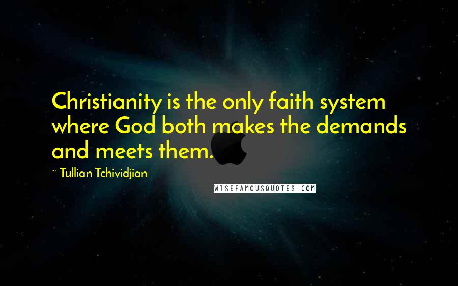Tullian Tchividjian Quotes: Christianity is the only faith system where God both makes the demands and meets them.