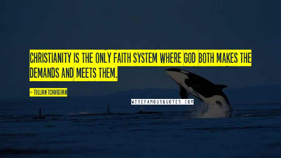 Tullian Tchividjian Quotes: Christianity is the only faith system where God both makes the demands and meets them.