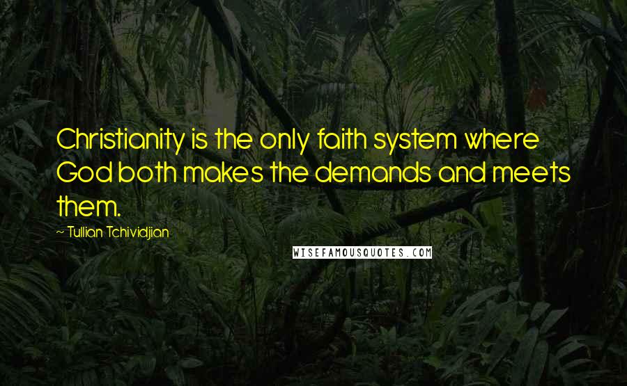 Tullian Tchividjian Quotes: Christianity is the only faith system where God both makes the demands and meets them.