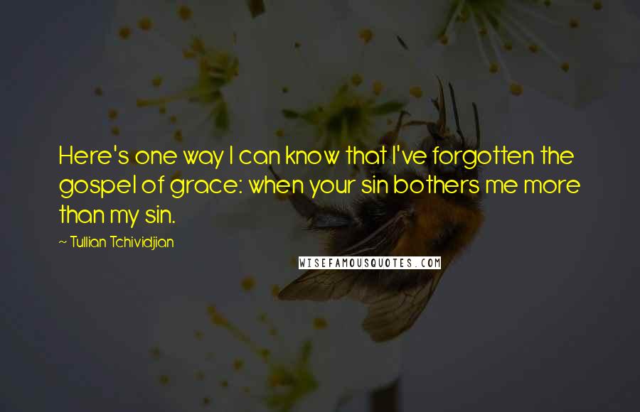 Tullian Tchividjian Quotes: Here's one way I can know that I've forgotten the gospel of grace: when your sin bothers me more than my sin.