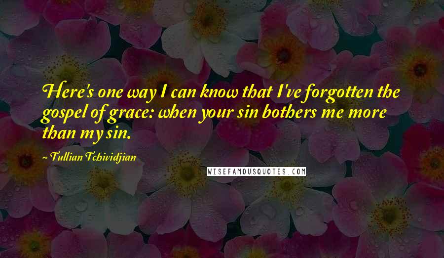 Tullian Tchividjian Quotes: Here's one way I can know that I've forgotten the gospel of grace: when your sin bothers me more than my sin.