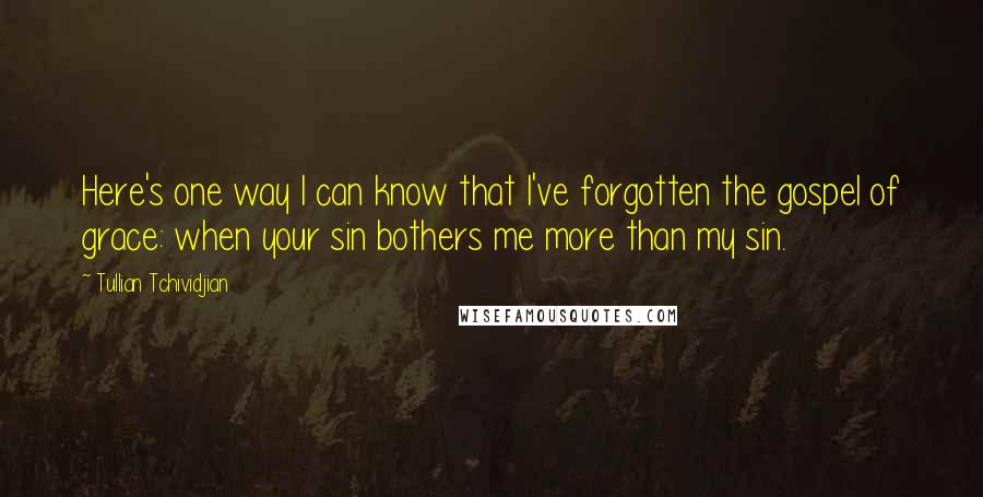 Tullian Tchividjian Quotes: Here's one way I can know that I've forgotten the gospel of grace: when your sin bothers me more than my sin.