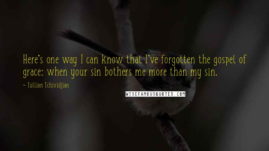 Tullian Tchividjian Quotes: Here's one way I can know that I've forgotten the gospel of grace: when your sin bothers me more than my sin.