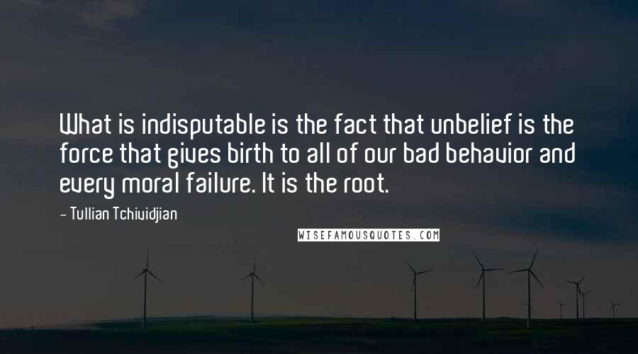 Tullian Tchividjian Quotes: What is indisputable is the fact that unbelief is the force that gives birth to all of our bad behavior and every moral failure. It is the root.