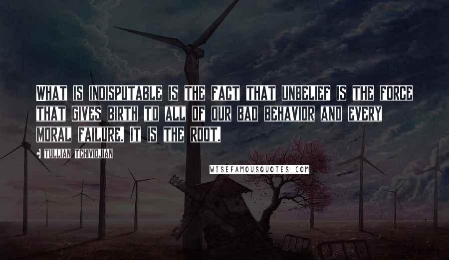 Tullian Tchividjian Quotes: What is indisputable is the fact that unbelief is the force that gives birth to all of our bad behavior and every moral failure. It is the root.