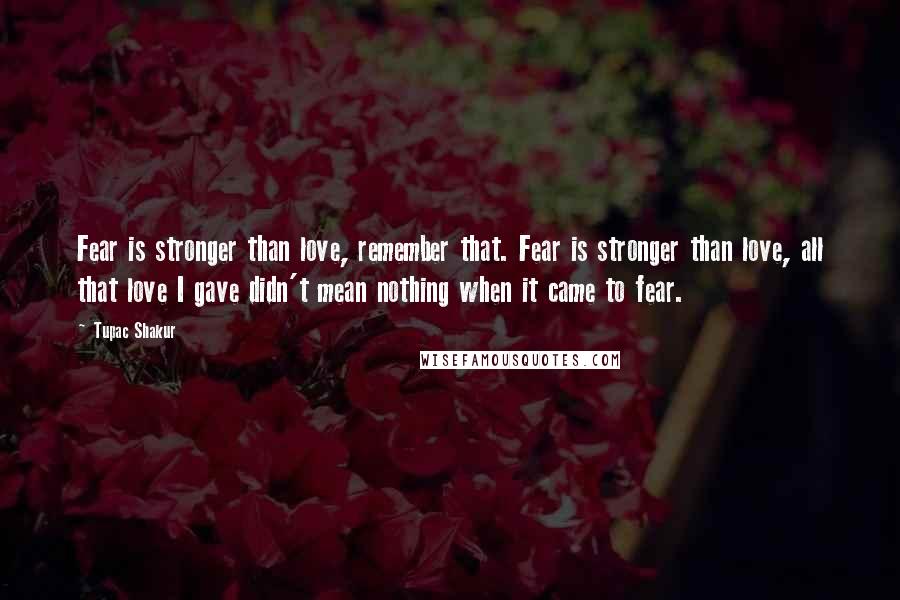 Tupac Shakur Quotes: Fear is stronger than love, remember that. Fear is stronger than love, all that love I gave didn't mean nothing when it came to fear.