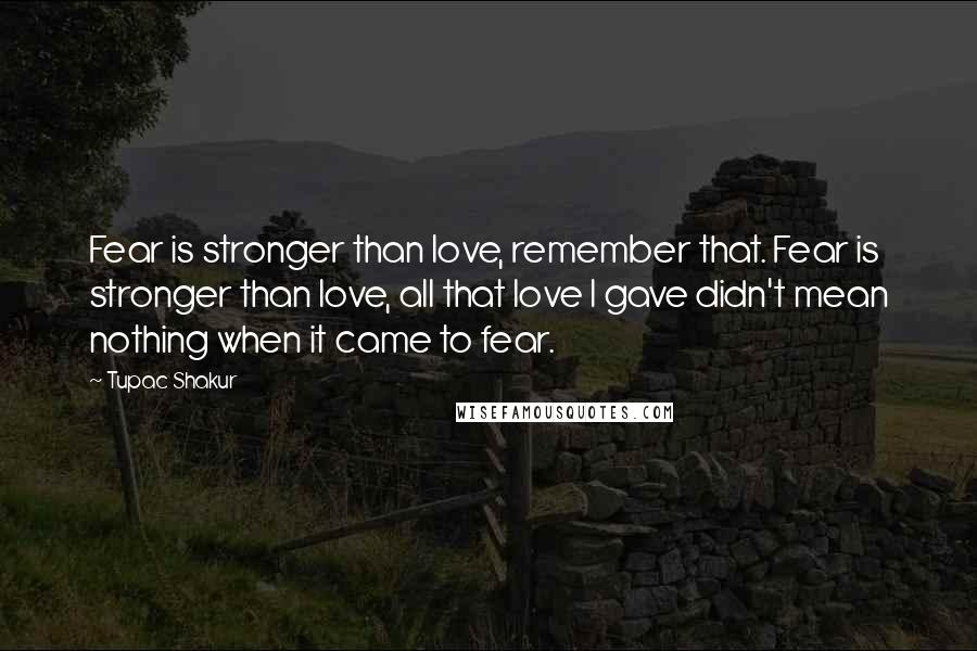 Tupac Shakur Quotes: Fear is stronger than love, remember that. Fear is stronger than love, all that love I gave didn't mean nothing when it came to fear.