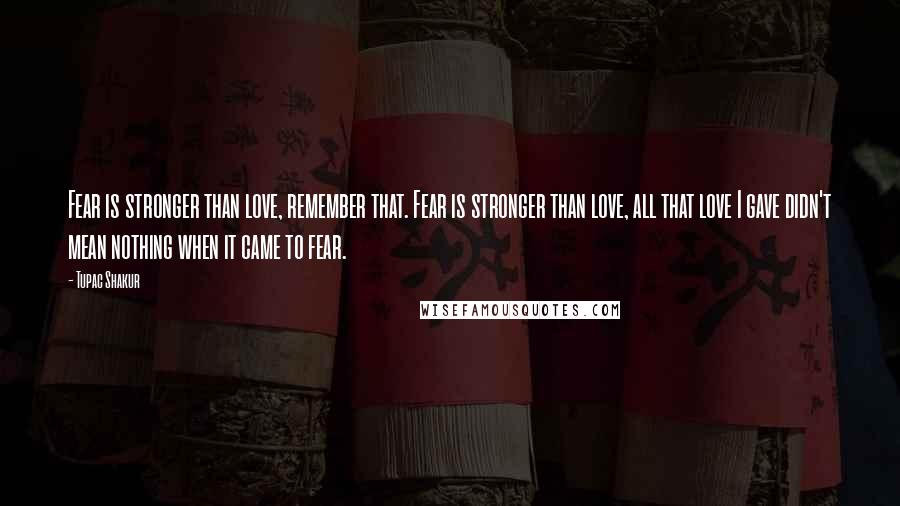 Tupac Shakur Quotes: Fear is stronger than love, remember that. Fear is stronger than love, all that love I gave didn't mean nothing when it came to fear.