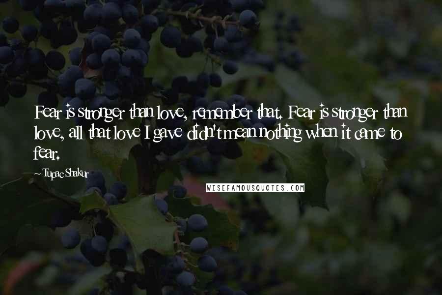 Tupac Shakur Quotes: Fear is stronger than love, remember that. Fear is stronger than love, all that love I gave didn't mean nothing when it came to fear.