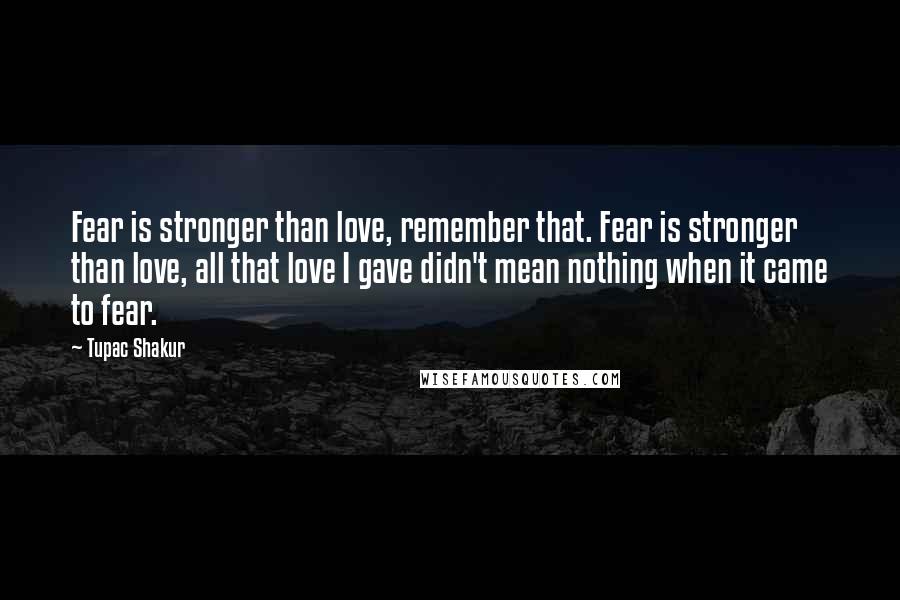 Tupac Shakur Quotes: Fear is stronger than love, remember that. Fear is stronger than love, all that love I gave didn't mean nothing when it came to fear.