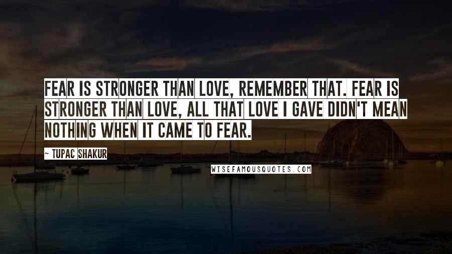 Tupac Shakur Quotes: Fear is stronger than love, remember that. Fear is stronger than love, all that love I gave didn't mean nothing when it came to fear.