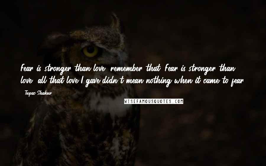 Tupac Shakur Quotes: Fear is stronger than love, remember that. Fear is stronger than love, all that love I gave didn't mean nothing when it came to fear.