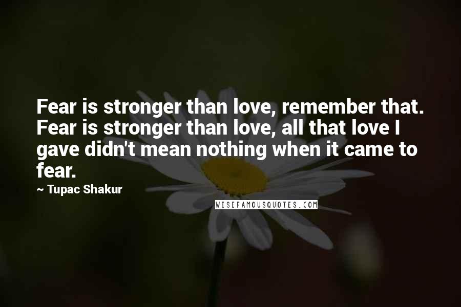 Tupac Shakur Quotes: Fear is stronger than love, remember that. Fear is stronger than love, all that love I gave didn't mean nothing when it came to fear.