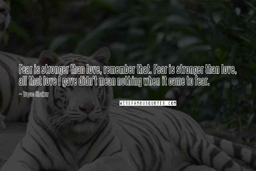 Tupac Shakur Quotes: Fear is stronger than love, remember that. Fear is stronger than love, all that love I gave didn't mean nothing when it came to fear.