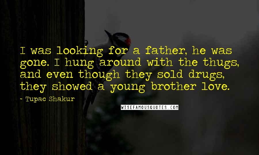 Tupac Shakur Quotes: I was looking for a father, he was gone. I hung around with the thugs, and even though they sold drugs, they showed a young brother love.