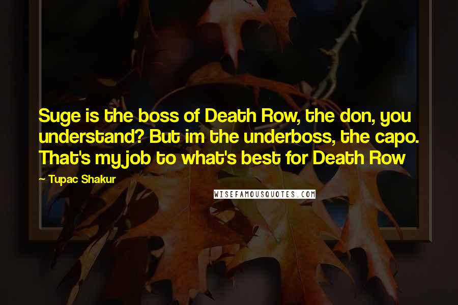 Tupac Shakur Quotes: Suge is the boss of Death Row, the don, you understand? But im the underboss, the capo. That's my job to what's best for Death Row