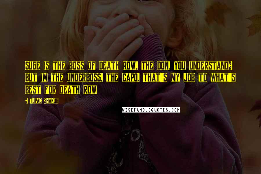 Tupac Shakur Quotes: Suge is the boss of Death Row, the don, you understand? But im the underboss, the capo. That's my job to what's best for Death Row