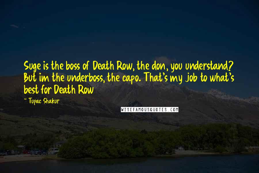 Tupac Shakur Quotes: Suge is the boss of Death Row, the don, you understand? But im the underboss, the capo. That's my job to what's best for Death Row