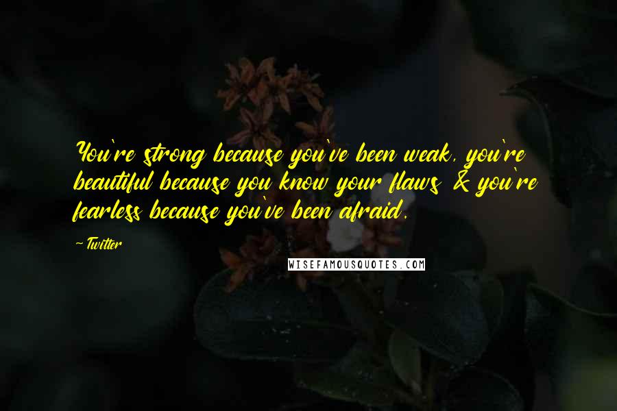 Twitter Quotes: You're strong because you've been weak, you're beautiful because you know your flaws & you're fearless because you've been afraid.