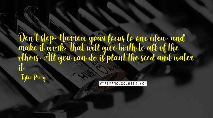 Tyler Perry Quotes: Don't stop. Narrow your focus to one idea, and make it work. That will give birth to all of the others. All you can do is plant the seed and water it.