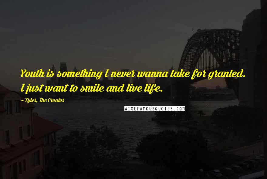 Tyler, The Creator Quotes: Youth is something I never wanna take for granted. I just want to smile and live life.