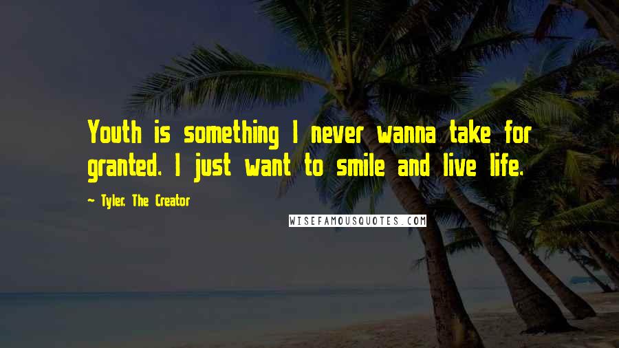 Tyler, The Creator Quotes: Youth is something I never wanna take for granted. I just want to smile and live life.