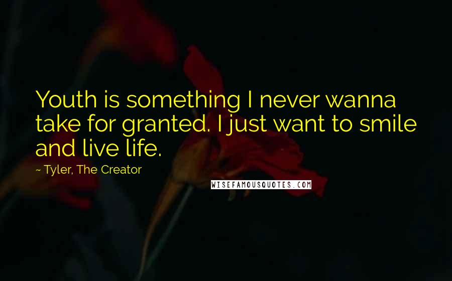 Tyler, The Creator Quotes: Youth is something I never wanna take for granted. I just want to smile and live life.