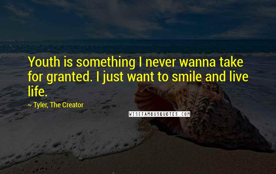 Tyler, The Creator Quotes: Youth is something I never wanna take for granted. I just want to smile and live life.