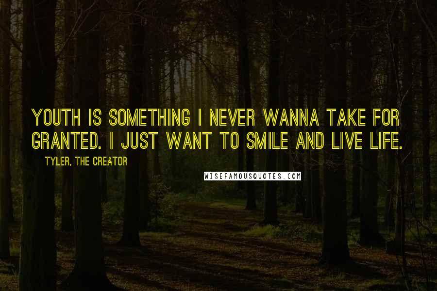Tyler, The Creator Quotes: Youth is something I never wanna take for granted. I just want to smile and live life.