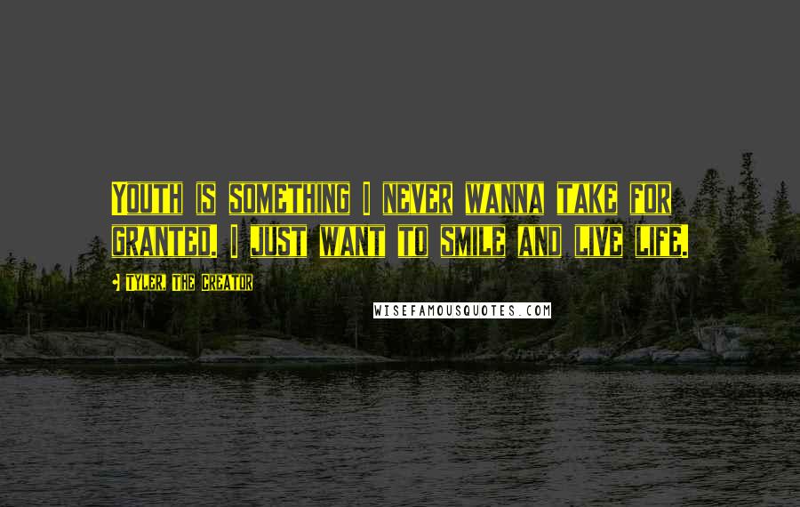 Tyler, The Creator Quotes: Youth is something I never wanna take for granted. I just want to smile and live life.