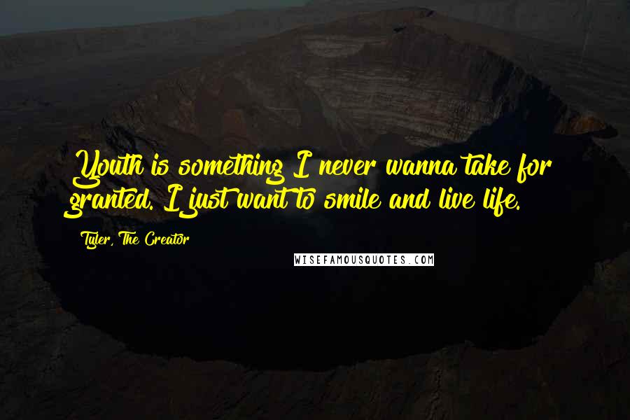 Tyler, The Creator Quotes: Youth is something I never wanna take for granted. I just want to smile and live life.