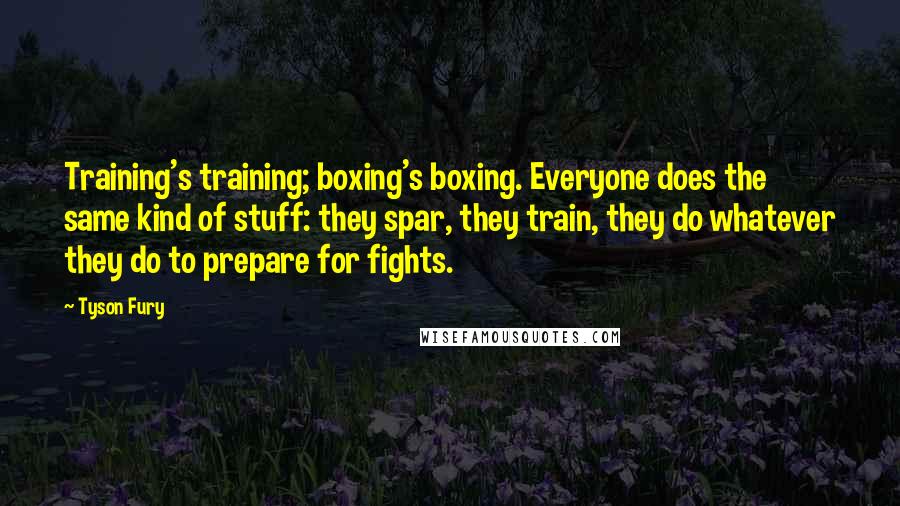 Tyson Fury Quotes: Training's training; boxing's boxing. Everyone does the same kind of stuff: they spar, they train, they do whatever they do to prepare for fights.